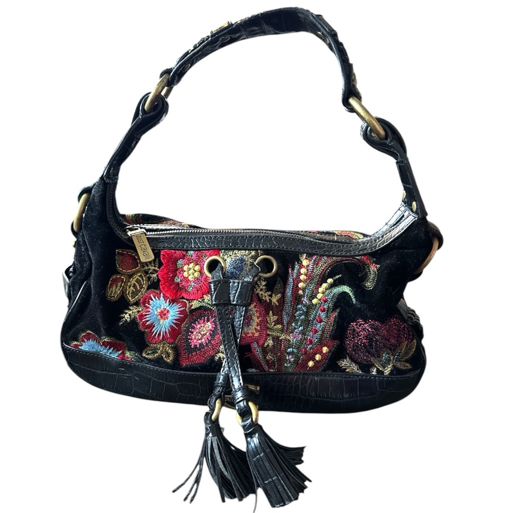 Robert Cavalli Just Cavalli Boho Floral Embroidered Black Shoulder Bag